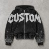 Washed Raw edge Letter Applique Zip Hoodie | Gradient Sleeve Hotfix Rhinestone | Custom Streetwear
