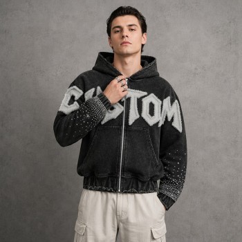 Washed Raw edge Letter Applique Zip Hoodie | Gradient Sleeve Hotfix Rhinestone | Custom Streetwear