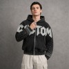 Washed Raw edge Letter Applique Zip Hoodie | Gradient Sleeve Hotfix Rhinestone | Custom Streetwear