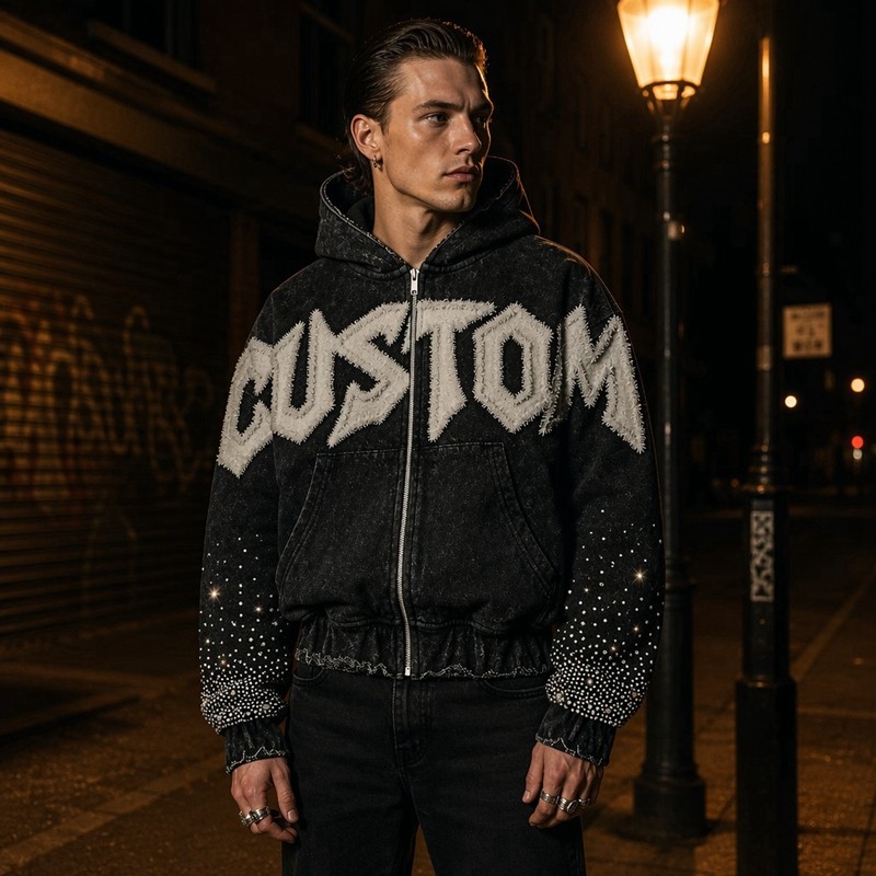 Washed Raw edge Letter Applique Zip Hoodie