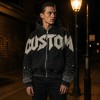 Washed Raw edge Letter Applique Zip Hoodie | Gradient Sleeve Hotfix Rhinestone | Custom Streetwear