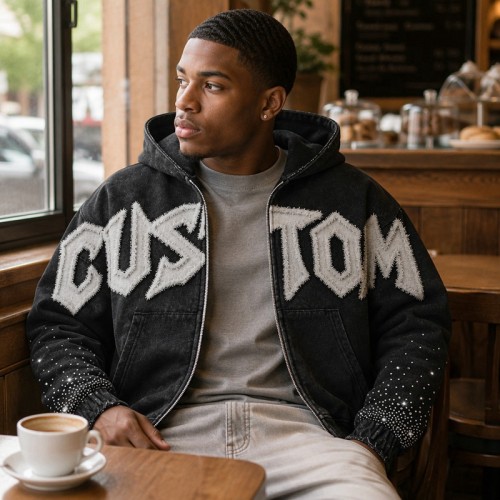 Washed Raw edge Letter Applique Zip Hoodie | Gradient Sleeve Hotfix Rhinestone | Custom Streetwear