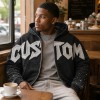 Washed Raw edge Letter Applique Zip Hoodie | Gradient Sleeve Hotfix Rhinestone | Custom Streetwear