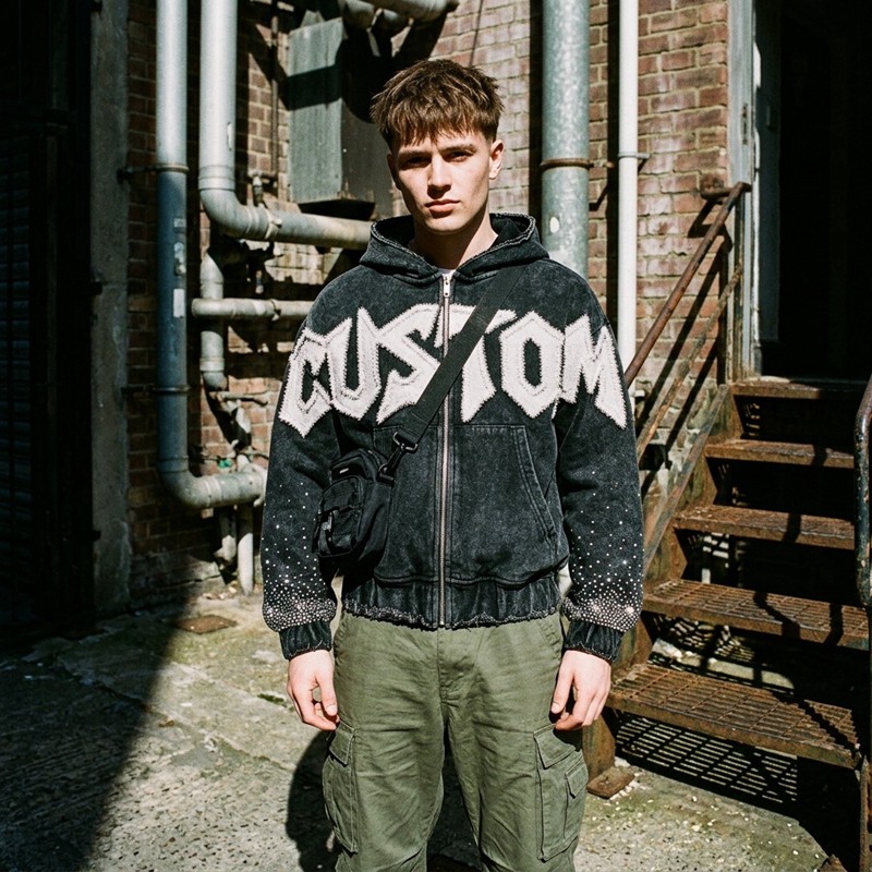 Washed Raw edge Letter Applique Zip Hoodie