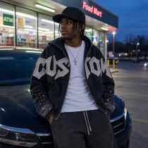 Washed Raw edge Letter Applique Zip Hoodie | Gradient Sleeve Hotfix Rhinestone | Custom Streetwear