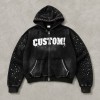 Washed Splash ink Spray Dye Frayed Raw Edge Applique Zip Hoodie | Multi Rhinestone Trim Distressed | Streetwear Manufacturer