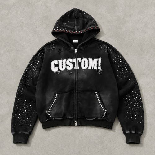 Washed Splash ink Spray Dye Frayed Raw Edge Applique Zip Hoodie | Multi Rhinestone Trim Distressed | Streetwear Manufacturer