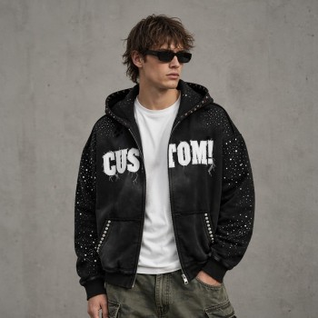 Washed Splash ink Spray Dye Frayed Raw Edge Applique Zip Hoodie | Multi Rhinestone Trim Distressed | Streetwear Manufacturer