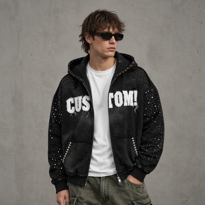 Washed Splash ink Spray Dye Frayed Raw Edge Applique Zip Hoodie | Multi Rhinestone Trim Distressed | Streetwear Manufacturer