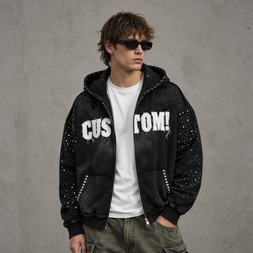Washed Splash ink Spray Dye Frayed Raw Edge Applique Zip Hoodie | Multi Rhinestone Trim Distressed | Streetwear Manufacturer