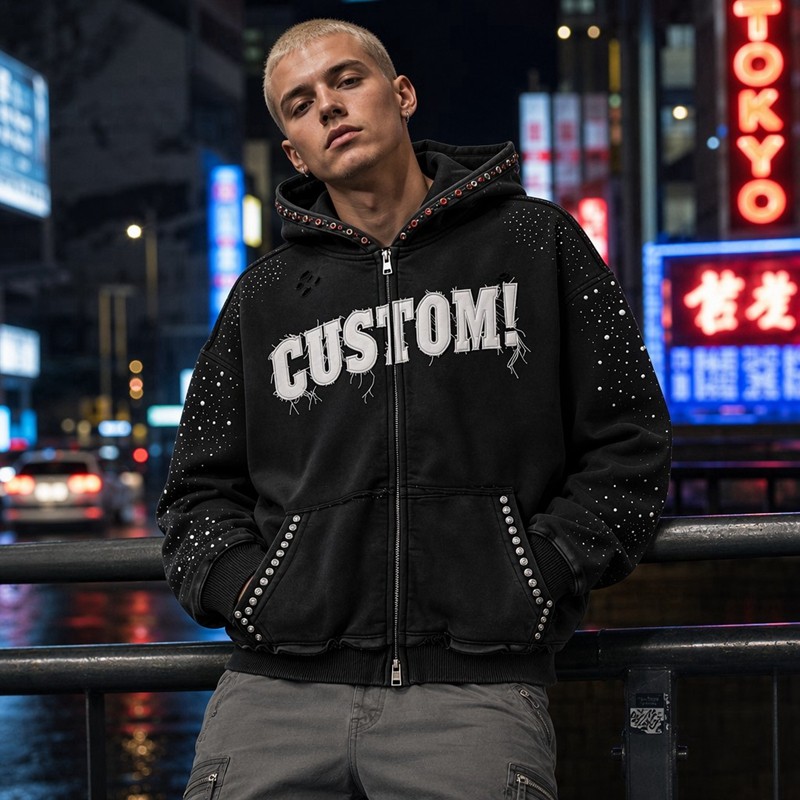 Washed Splash ink Spray Dye Frayed Raw Edge Applique Zip Hoodie