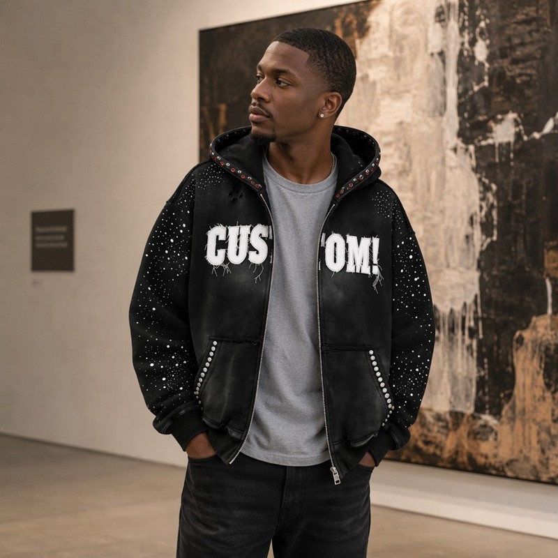 Washed Splash ink Spray Dye Frayed Raw Edge Applique Zip Hoodie