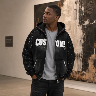 Washed Splash ink Spray Dye Frayed Raw Edge Applique Zip Hoodie | Multi Rhinestone Trim Distressed | Streetwear Manufacturer