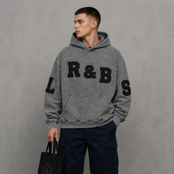 Washed Letter Towel Embroidery Hoodie | Heavy French Terry Kangaroo Pocket Top | Clothing Manufacturer