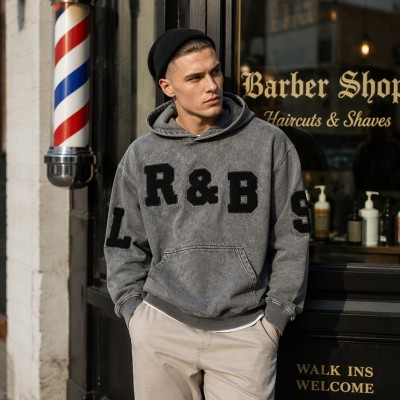 Washed Letter Towel Embroidery Hoodie | Heavy French Terry Kangaroo Pocket Top | Clothing Manufacturer