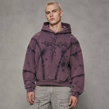 Spray Dye Washed Cross Applique Hoodie | Heavy French Terry Drawstring Hood Top | OEM Streetwear