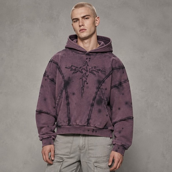 Spray Dye Washed Cross Applique Hoodie | Heavy French Terry Drawstring Hood Top | OEM Streetwear