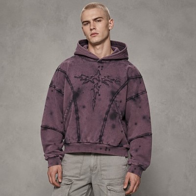 Spray Dye Washed Cross Applique Hoodie | Heavy French Terry Drawstring Hood Top | OEM Streetwear
