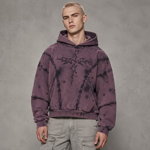 Spray Dye Washed Cross Applique Hoodie | Heavy French Terry Drawstring Hood Top | OEM Streetwear