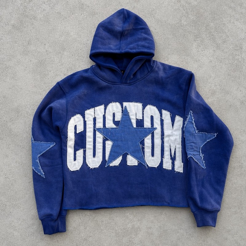 Washed Raw Edge Star Letter Applique Cropped Hoodie