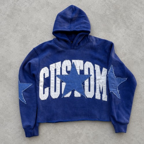 Washed Raw Edge Star Letter Applique Cropped Hoodie | Heavy French Terry Drawstring Hood Top | Custom Streetwear