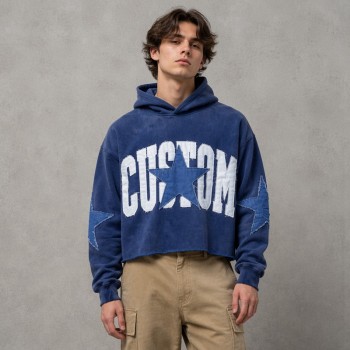 Washed Raw Edge Star Letter Applique Cropped Hoodie | Heavy French Terry Drawstring Hood Top | Custom Streetwear