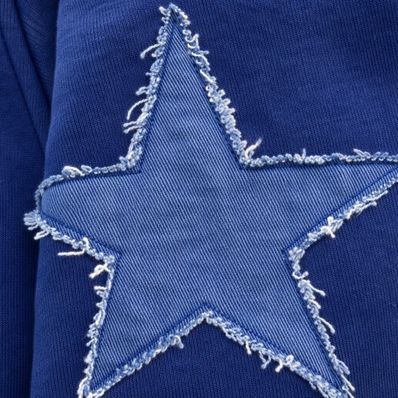 Washed Raw Edge Star Letter Applique Cropped Hoodie