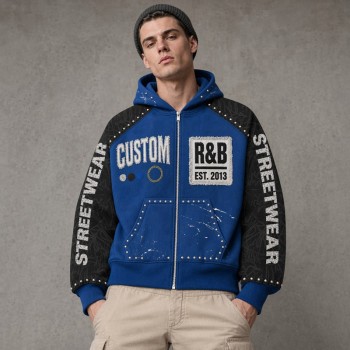 Metal Rivet Screen Print splash ink Zip Hoodie | Retro Graffiti Frayed Applique Hoodie | Clothing Manufacturer