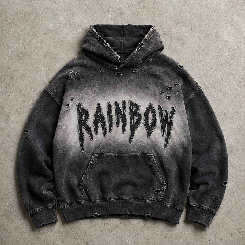 Gradient Washed Spray dye Fray Letter Applique Hoodie