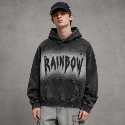 Gradient Washed Spray dye Fray Letter Applique Hoodie | Heavy Cotton Oversize | Custom Streetwear