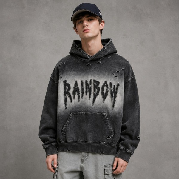 Gradient Washed Spray dye Fray Letter Applique Hoodie | Heavy Cotton Oversize | Custom Streetwear