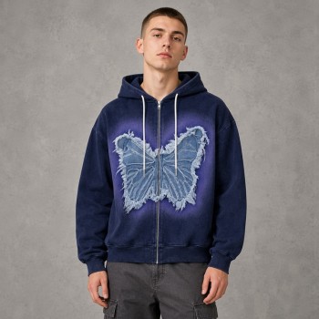 Washed Spray dye Gradient Denim Butterfly Applique Hoodie | Raw Fray Fringe Multi Vintage Color | Streetwear Manufacturer