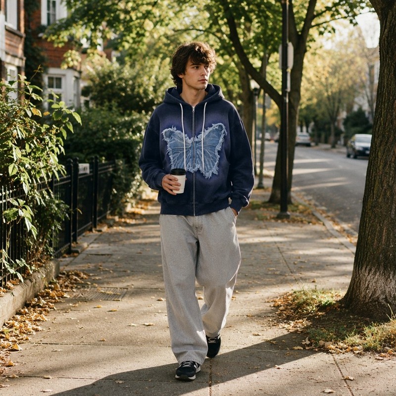 Washed Spray dye Gradient Denim Butterfly Applique Hoodie 