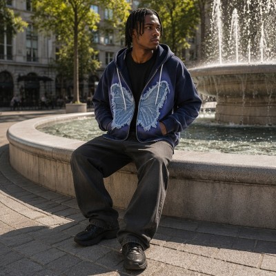 Washed Spray dye Gradient Denim Butterfly Applique Hoodie | Raw Fray Fringe Multi Vintage Color | Streetwear Manufacturer