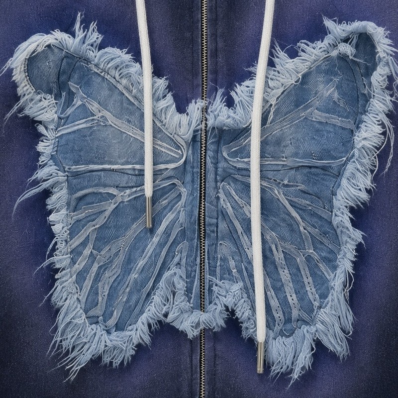 Washed Spray dye Gradient Denim Butterfly Applique Hoodie 