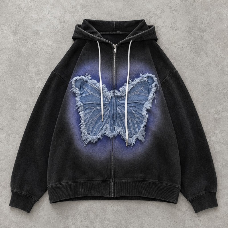 Washed Spray dye Gradient Denim Butterfly Applique Hoodie 