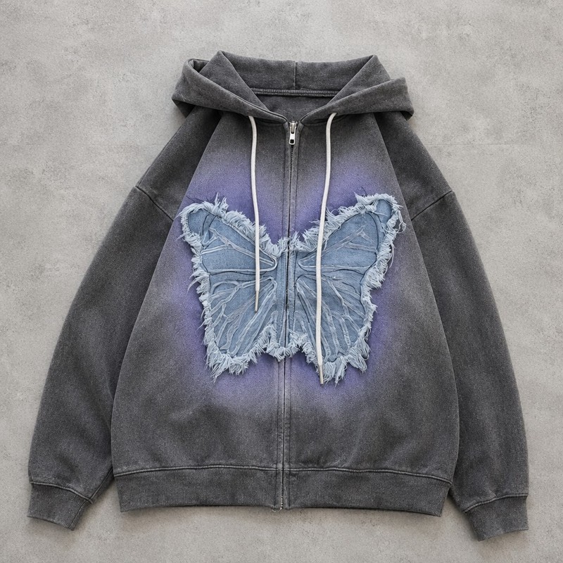 Washed Spray dye Gradient Denim Butterfly Applique Hoodie 