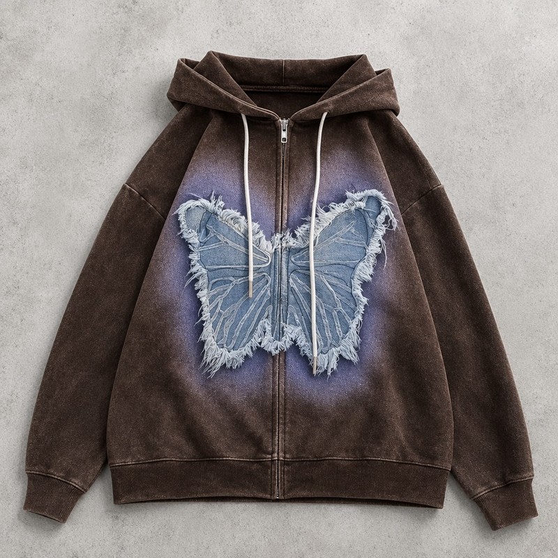 Washed Spray dye Gradient Denim Butterfly Applique Hoodie 