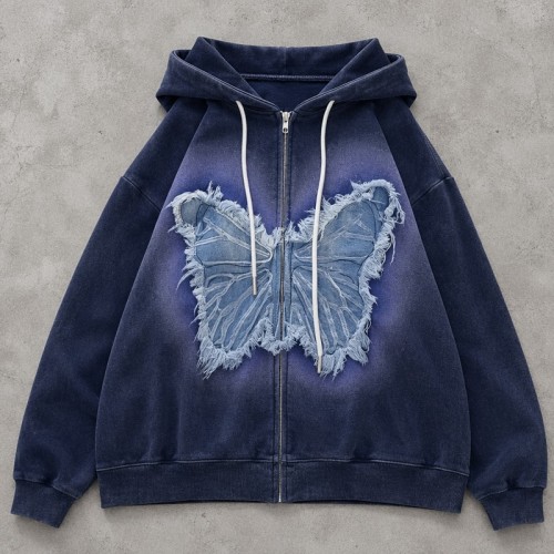 Washed Spray dye Gradient Denim Butterfly Applique Hoodie | Raw Fray Fringe Multi Vintage Color | Streetwear Manufacturer