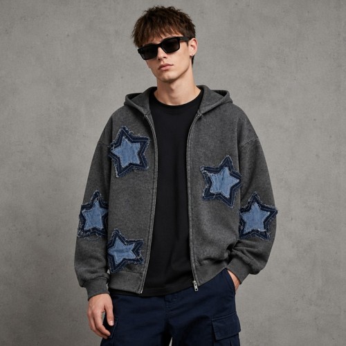 Washed Denim Star Fray Applique Zip Hoodie | Retro Casual Y2K Streetwear | OEM Streetwear