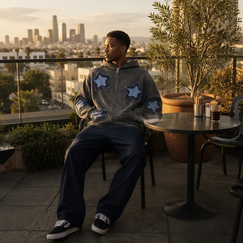 Washed Denim Star Fray Applique Zip Hoodie