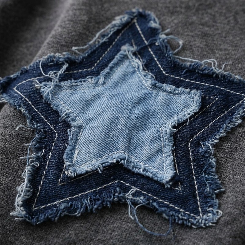 Washed Denim Star Fray Applique Zip Hoodie