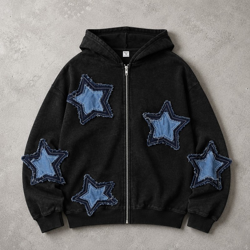 Washed Denim Star Fray Applique Zip Hoodie