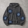 Washed Denim Star Fray Applique Zip Hoodie | Retro Casual Y2K Streetwear | OEM Streetwear