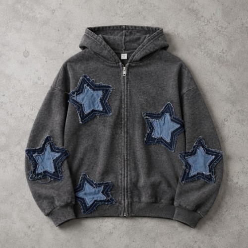 Washed Denim Star Fray Applique Zip Hoodie | Retro Casual Y2K Streetwear | OEM Streetwear