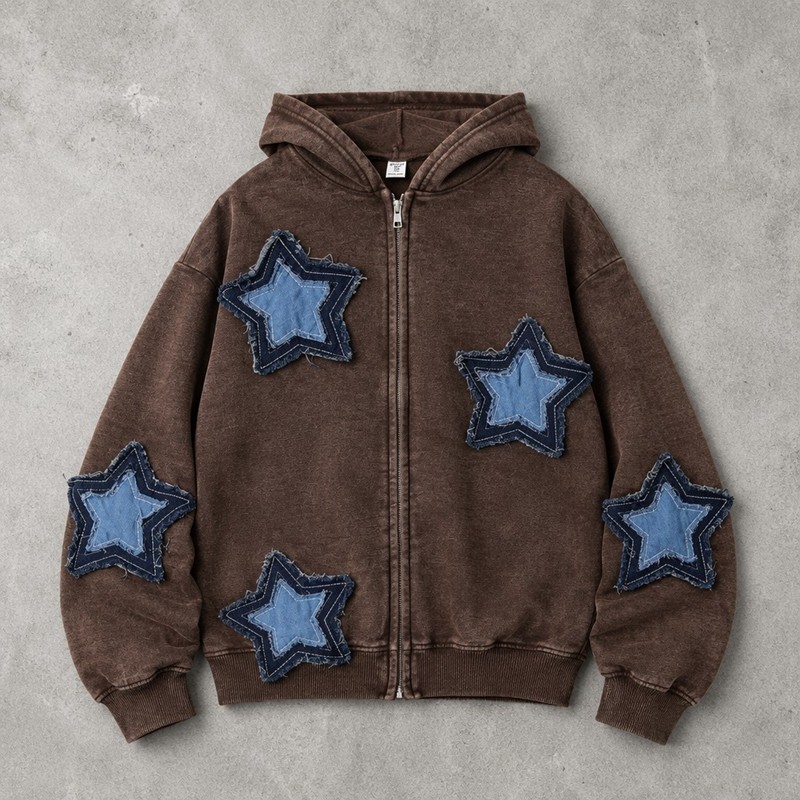 Washed Denim Star Fray Applique Zip Hoodie