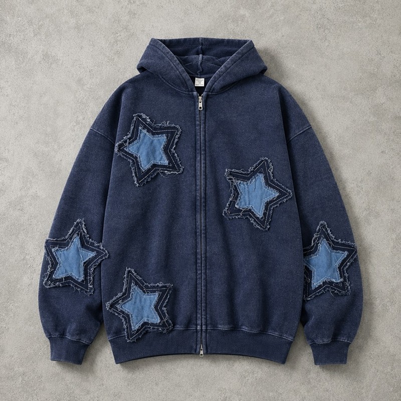 Washed Denim Star Fray Applique Zip Hoodie