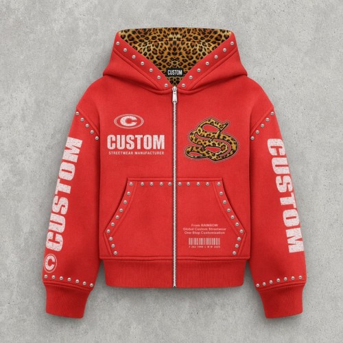 Leopard Applique Rivet DTG Print Zip Hoodie | Leopard Lined Hood Metal Stud Trim | Streetwear Manufacturer