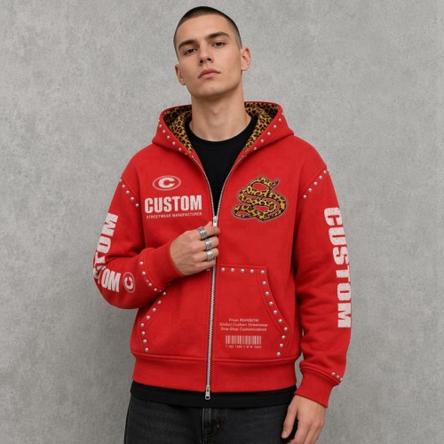 Leopard Applique Rivet DTG Print Zip Hoodie | Leopard Lined Hood Metal Stud Trim | Streetwear Manufacturer