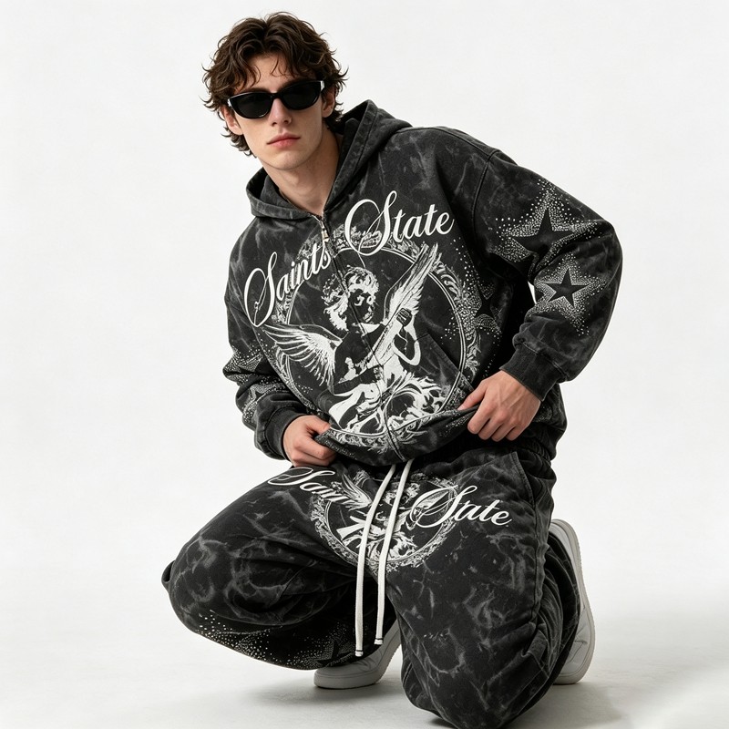 Snow Washed Rhinestone DTG Print Hoodie Set